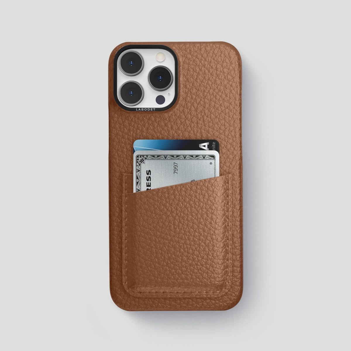 Caramel iPhone 15 Pro Max Card Case Calf with Black Metal -1 | Caramel-Black