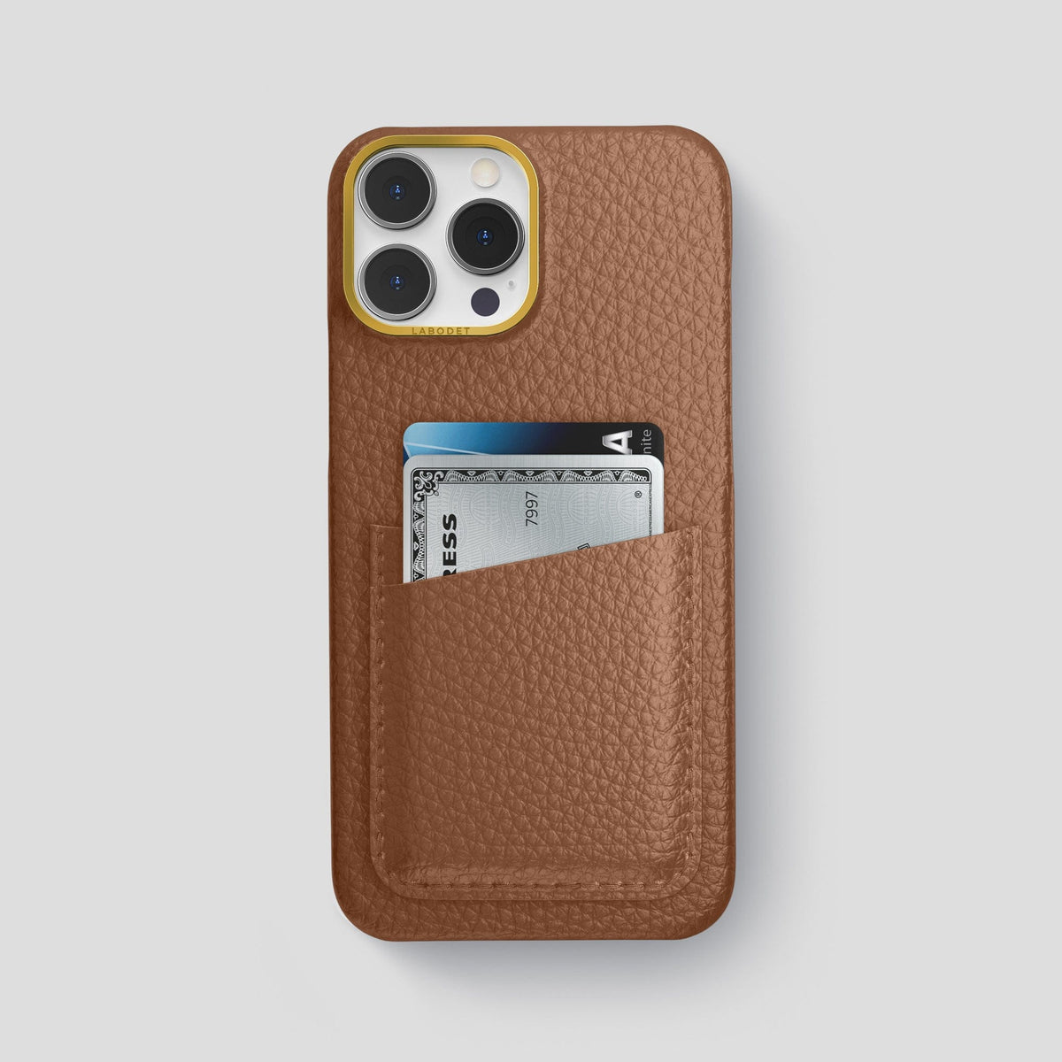 Caramel iPhone 15 Pro Max Card Case Calf with Gold Metal -1 | Caramel-Gold