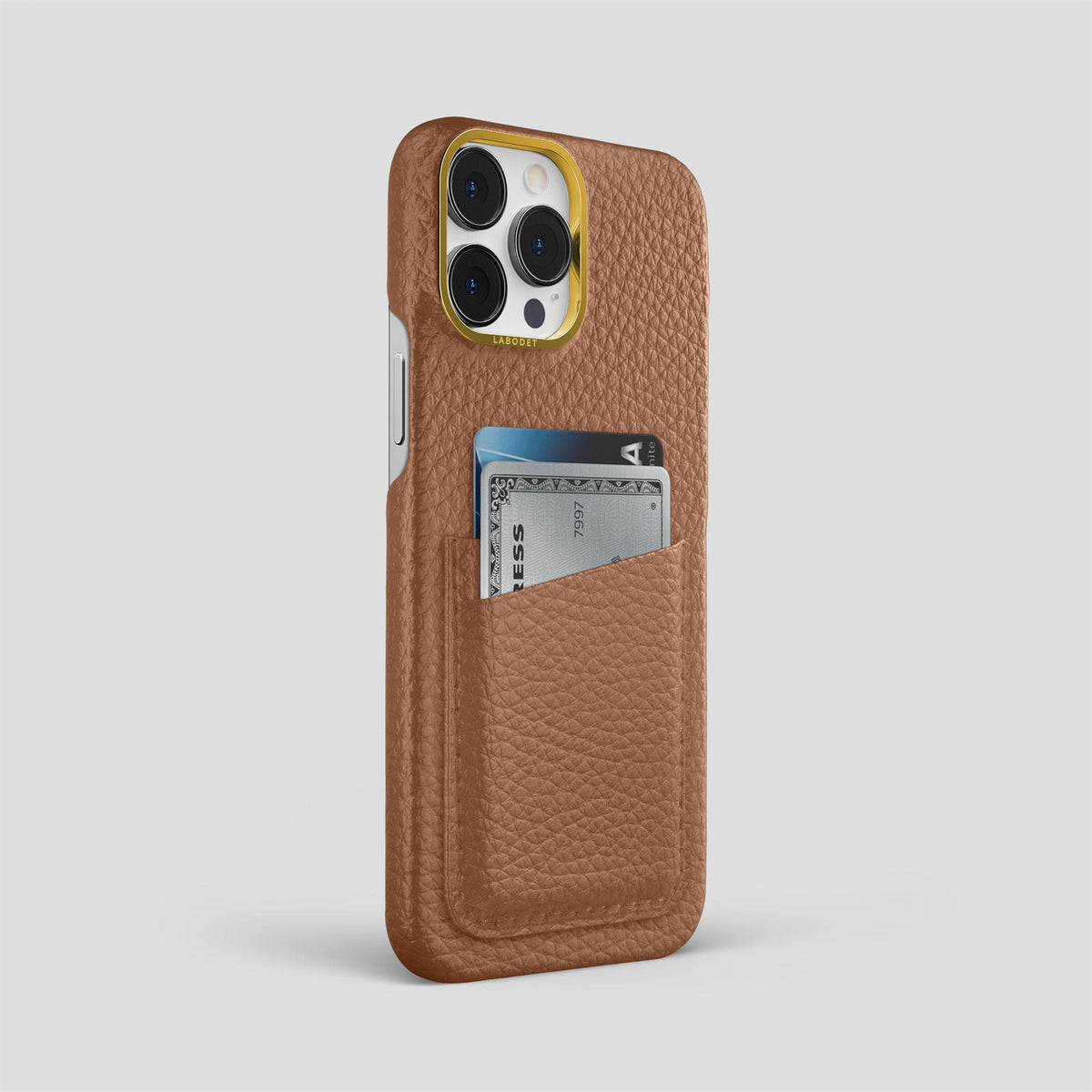Caramel iPhone 15 Pro Max Card Case Calf with Gold Metal -2 | Caramel-Gold