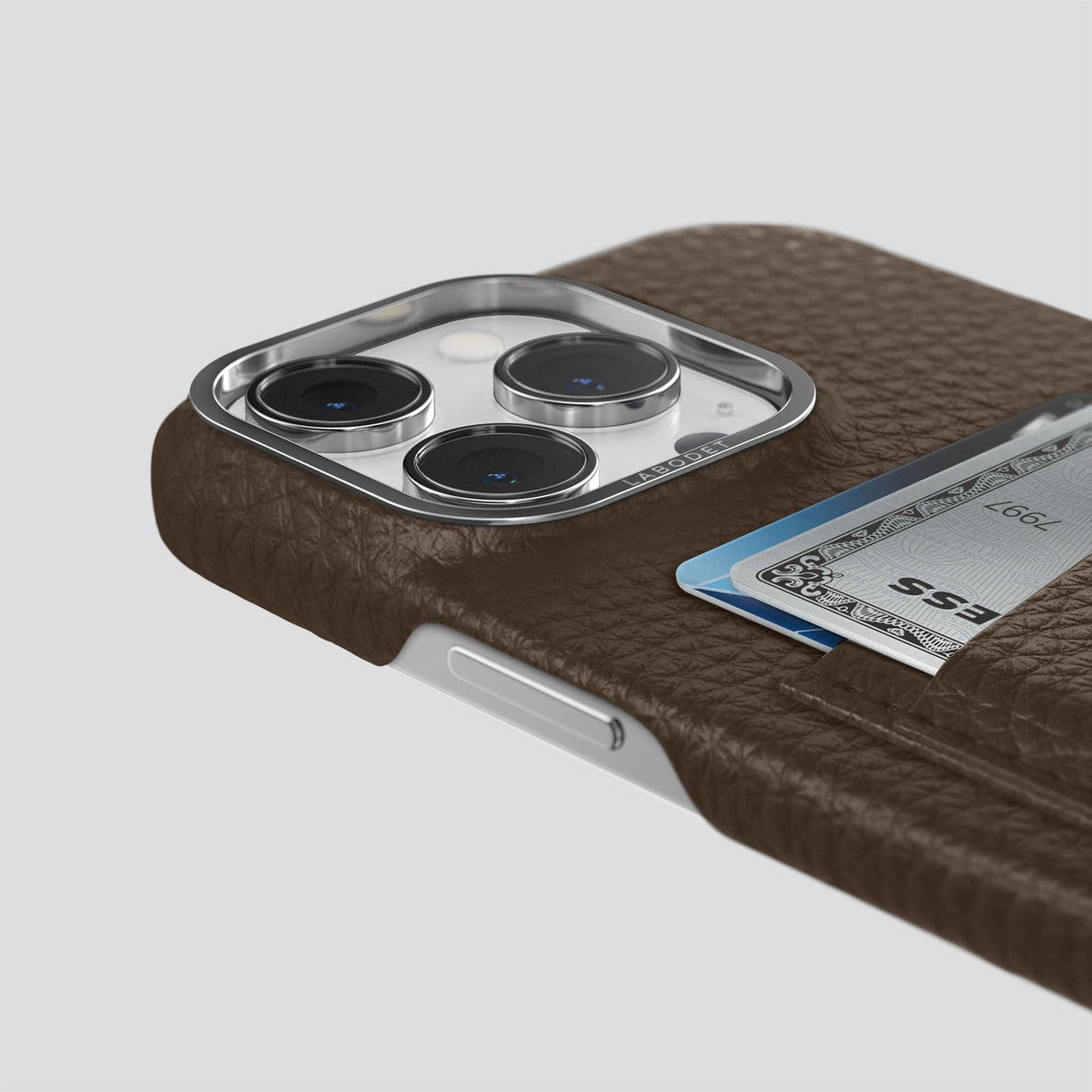Dark Brown iPhone 15 Pro Max Card Case Calf with Steel Metal -5 | Dark-Brown-Steel