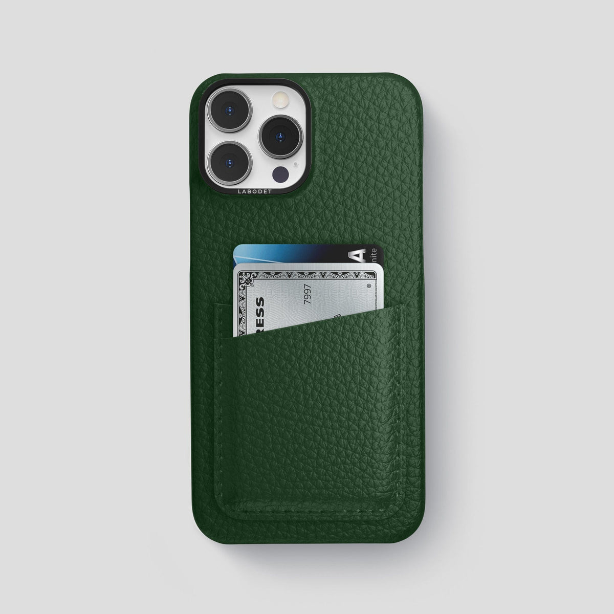 Dark Green iPhone 15 Pro Max Card Case Calf with Black Metal -1 | Dark-Green-Black