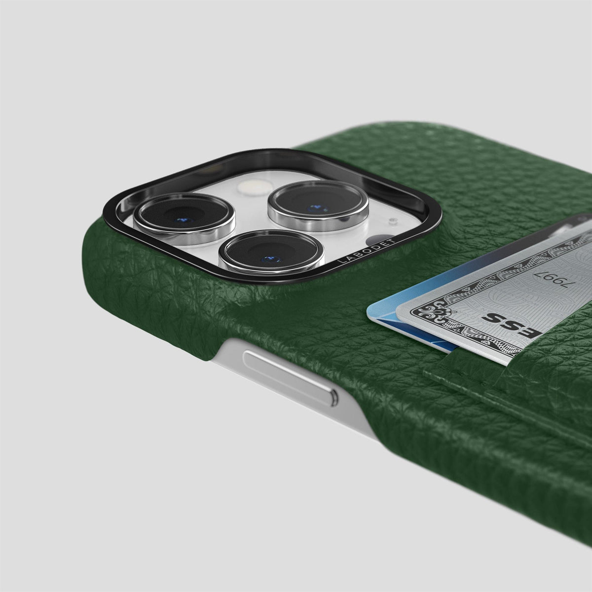 Dark Green iPhone 15 Pro Max Card Case Calf with Black Metal -5 | Dark-Green-Black
