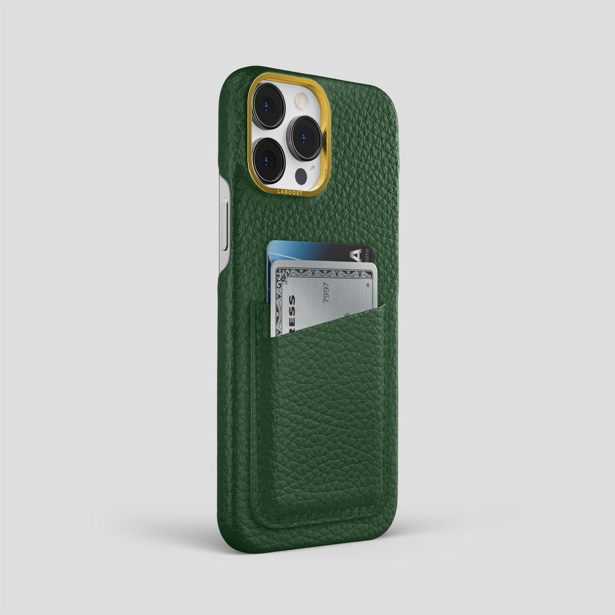 Dark Green iPhone 15 Pro Max Card Case Calf with Gold Metal -2 | Dark-Green-Gold