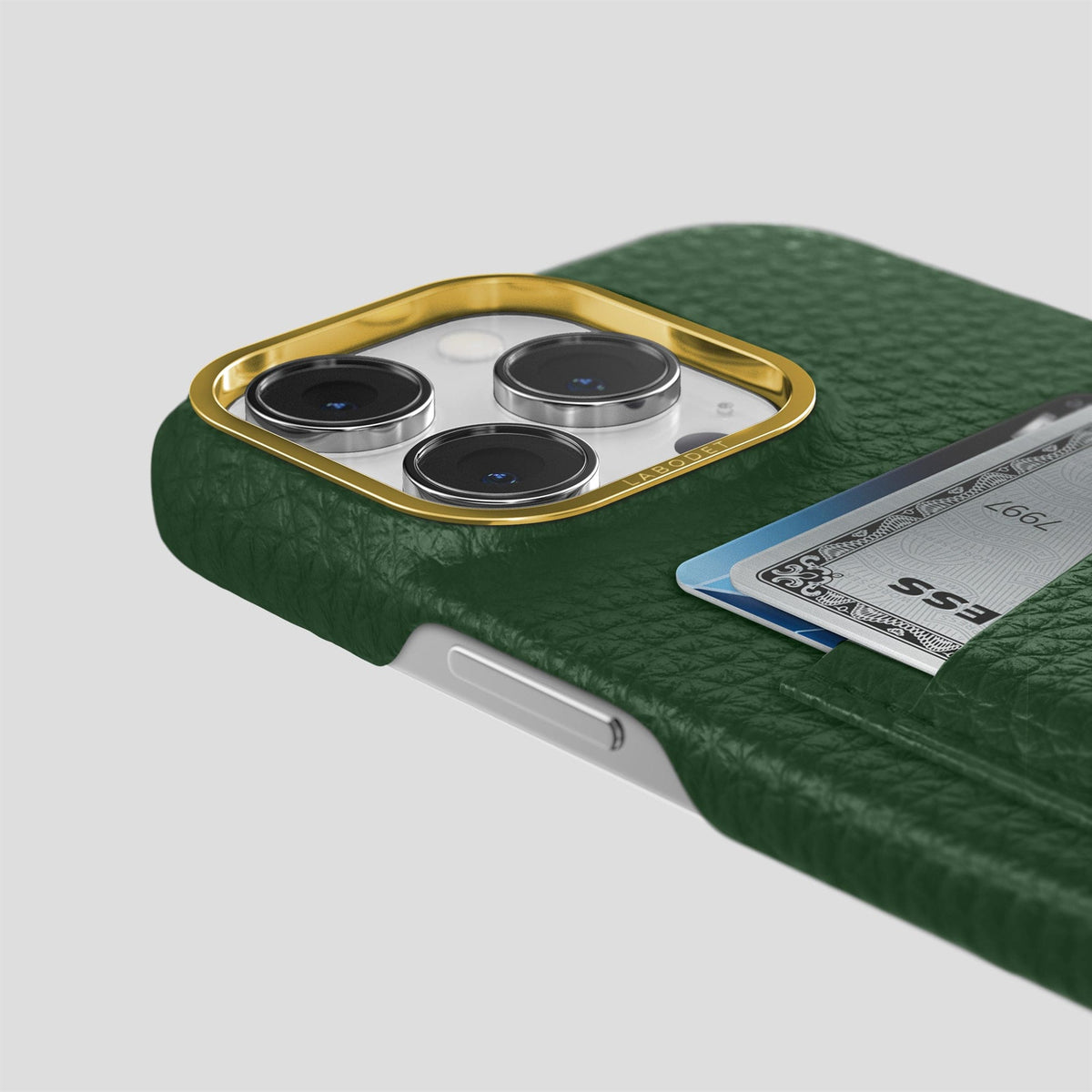 Dark Green iPhone 15 Pro Max Card Case Calf with Gold Metal -5 | Dark-Green-Gold