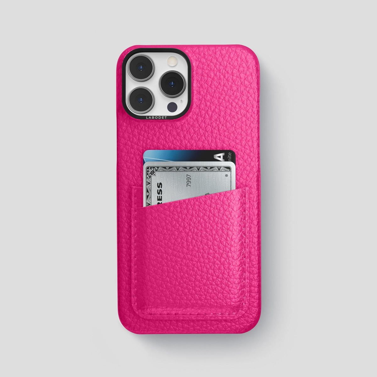 Magenta iPhone 15 Pro Max Card Case Calf with Black Metal -1 | Magenta-Black
