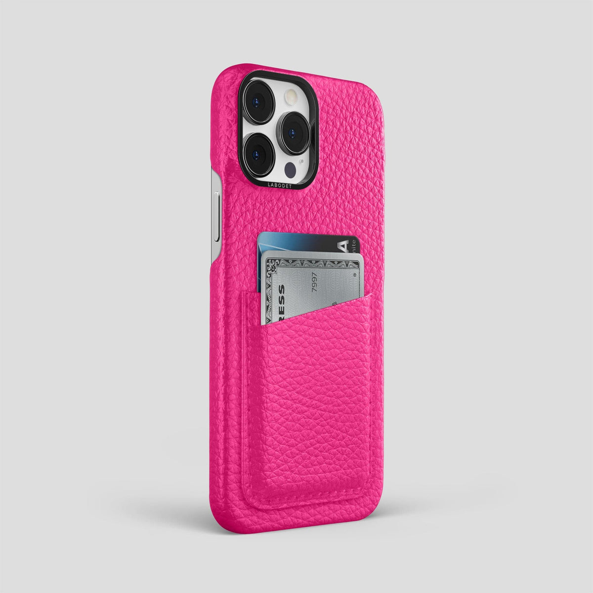 Magenta iPhone 15 Pro Max Card Case Calf with Black Metal -2 | Magenta-Black