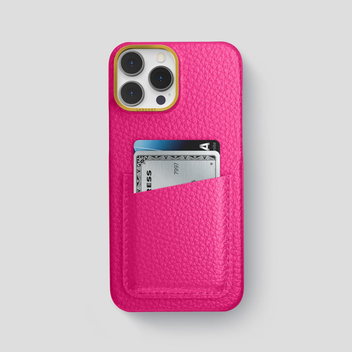 Magenta iPhone 15 Pro Max Card Case Calf with Gold Metal -1 | Magenta-Gold
