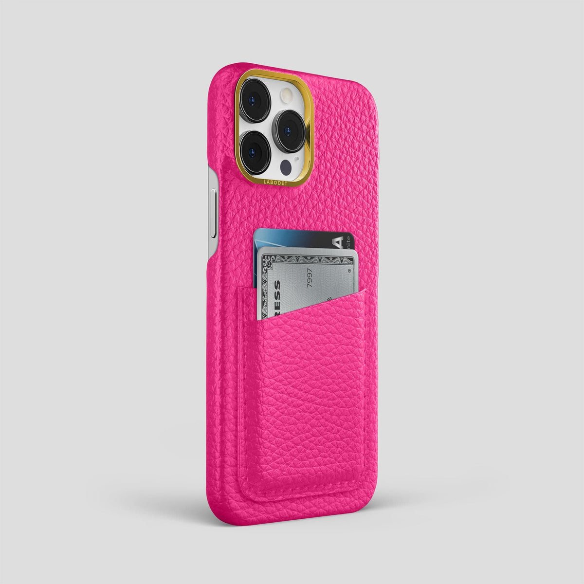 Magenta iPhone 15 Pro Max Card Case Calf with Gold Metal -2 | Magenta-Gold
