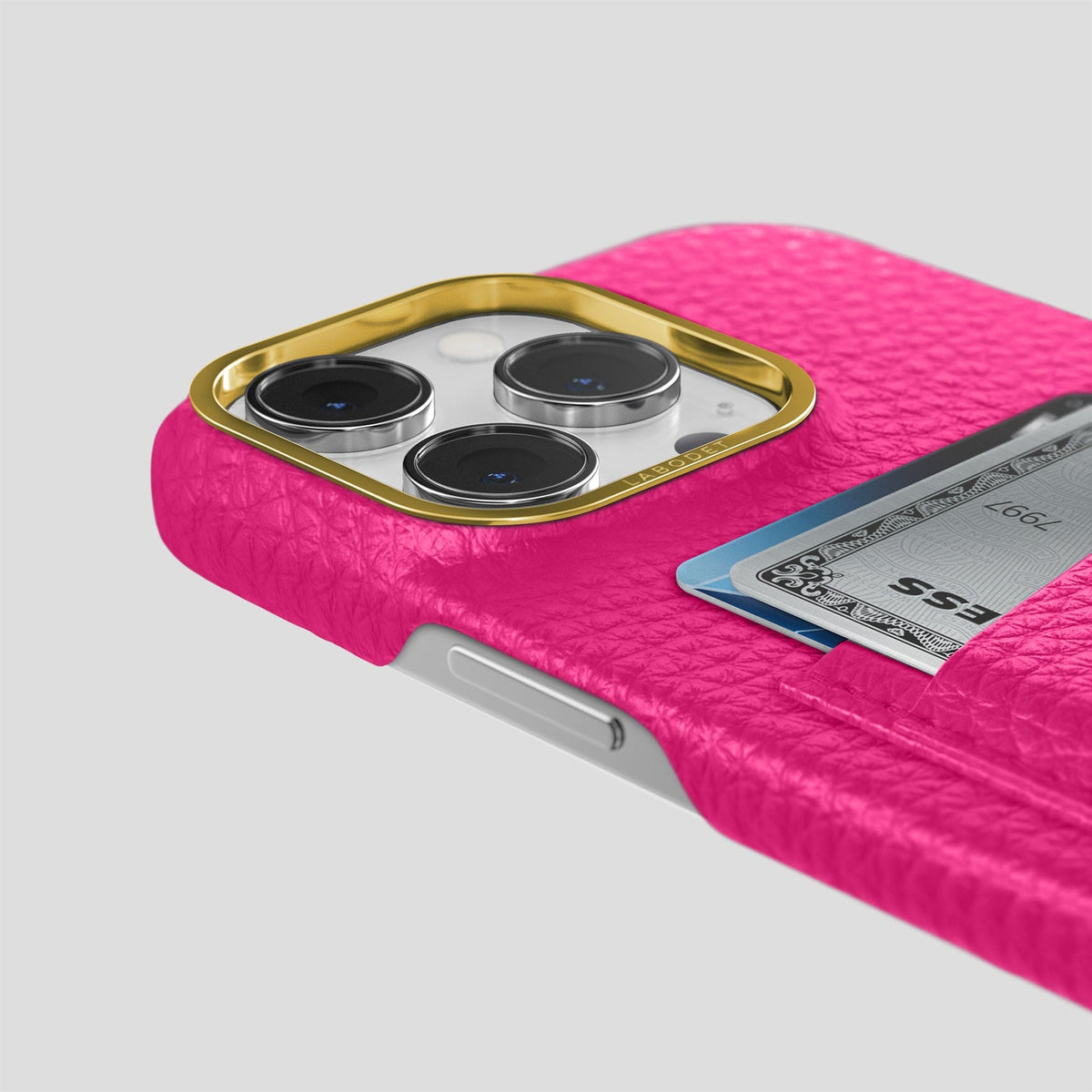 Magenta iPhone 15 Pro Max Card Case Calf with Gold Metal -5 | Magenta-Gold