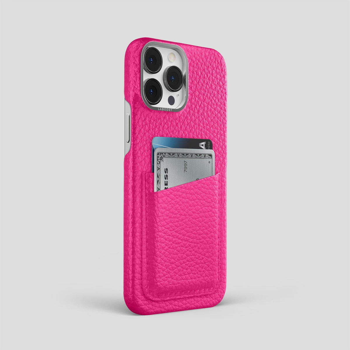Magenta iPhone 15 Pro Max Card Case Calf with Steel Metal -2 | Magenta-Steel