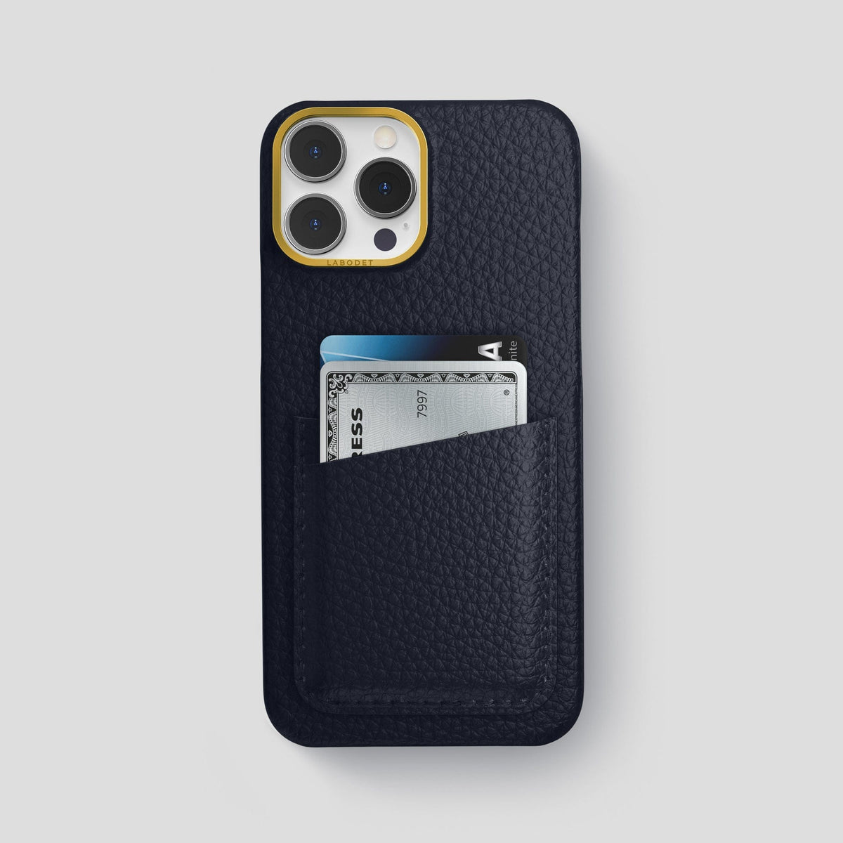 Marine iPhone 15 Pro Max Card Case Calf with Gold Metal -1 | Marine-Gold