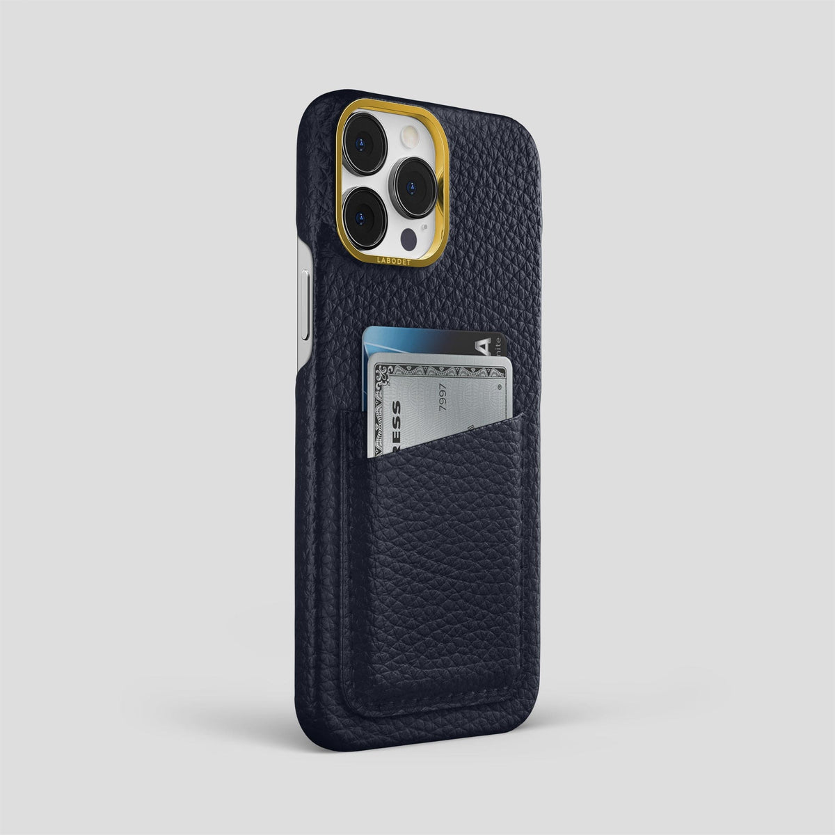 Marine iPhone 15 Pro Max Card Case Calf with Gold Metal -2 | Marine-Gold