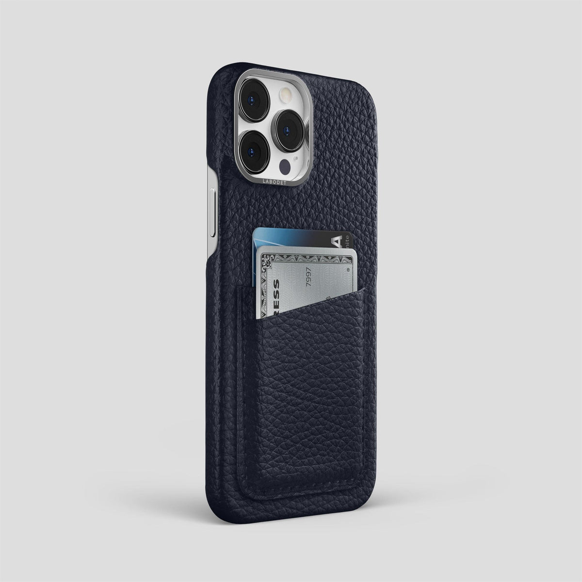 Marine iPhone 15 Pro Max Card Case Calf with Steel Metal -2 | Marine-Steel