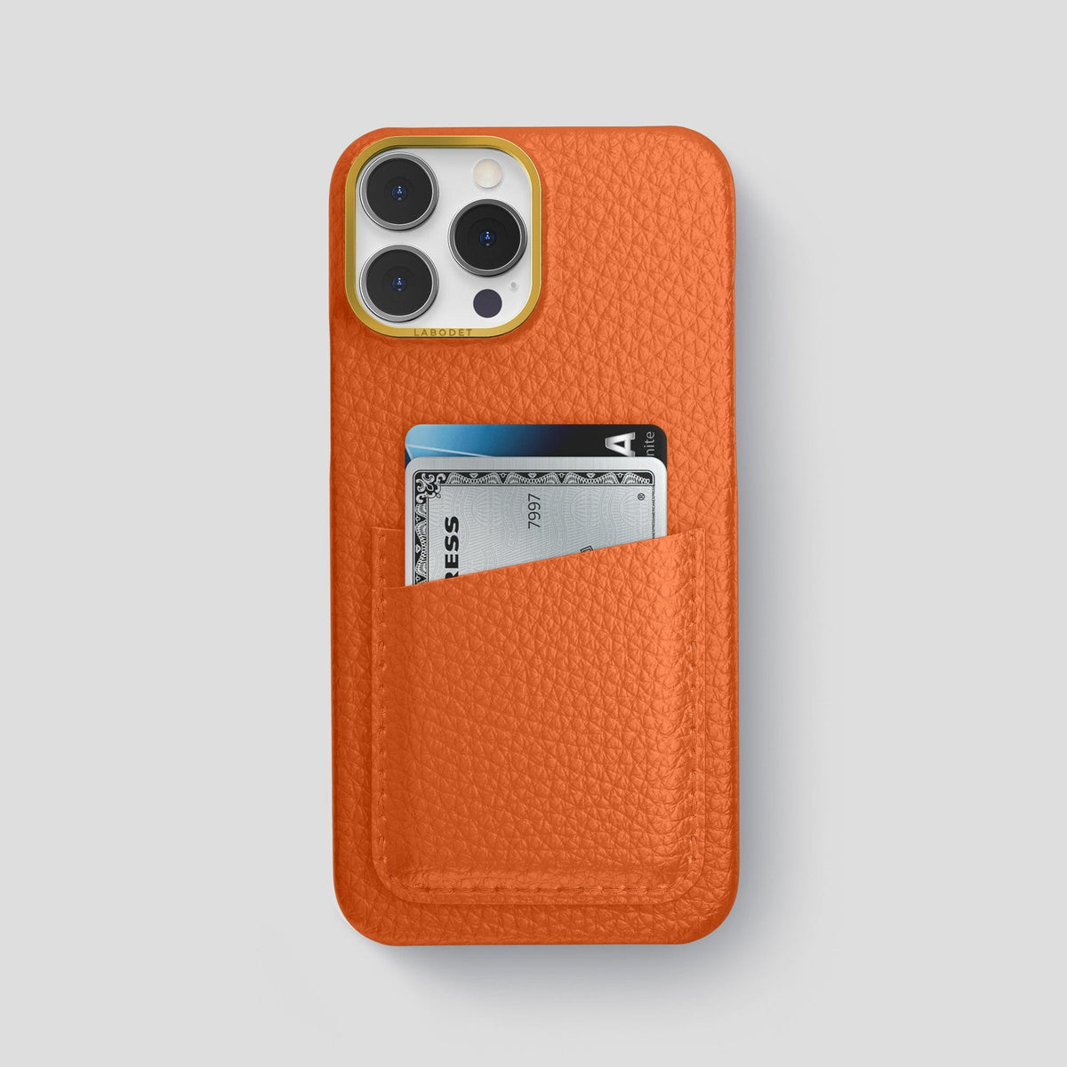 Orange iPhone 15 Pro Max Card Case Calf with Gold Metal -1 | Orange-Gold
