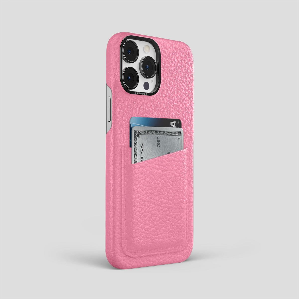 Pink iPhone 15 Pro Max Card Case Calf with Black Metal -2 | Pink-Black