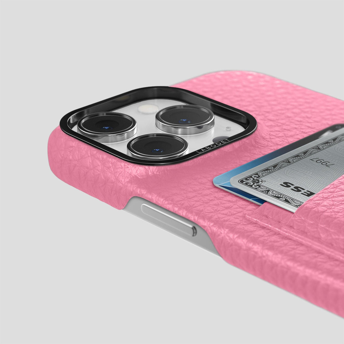 Pink iPhone 15 Pro Max Card Case Calf with Black Metal -5 | Pink-Black