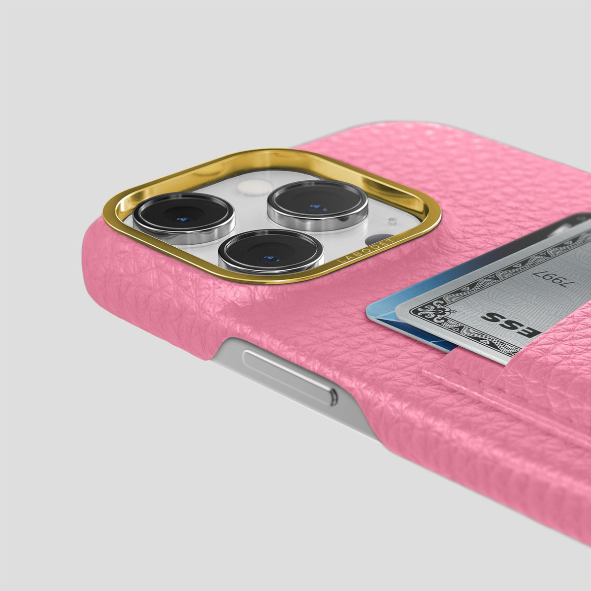 Pink iPhone 15 Pro Max Card Case Calf with Gold Metal -5 | Pink-Gold