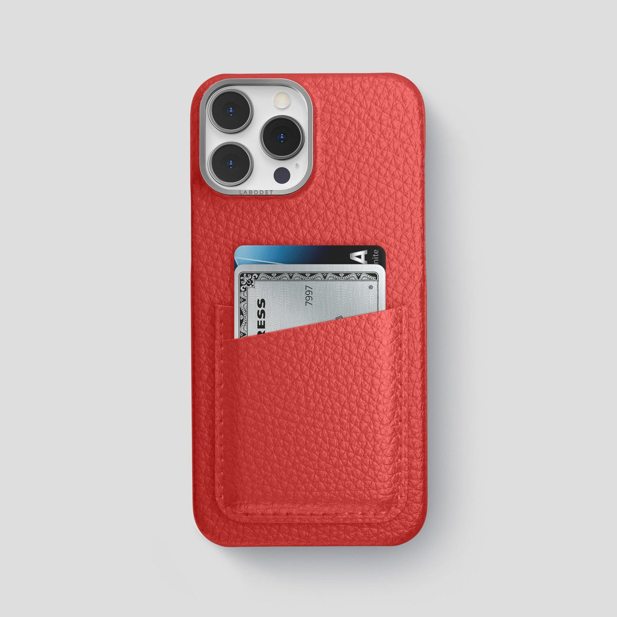 Red iPhone 15 Pro Max Card Case Calf with Steel Metal -1 | Red-Steel