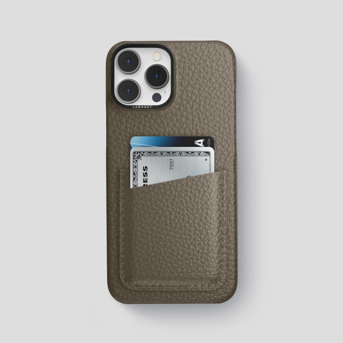 Taupe iPhone 15 Pro Max Card Case Calf with Black Metal -1 | Taupe-Black