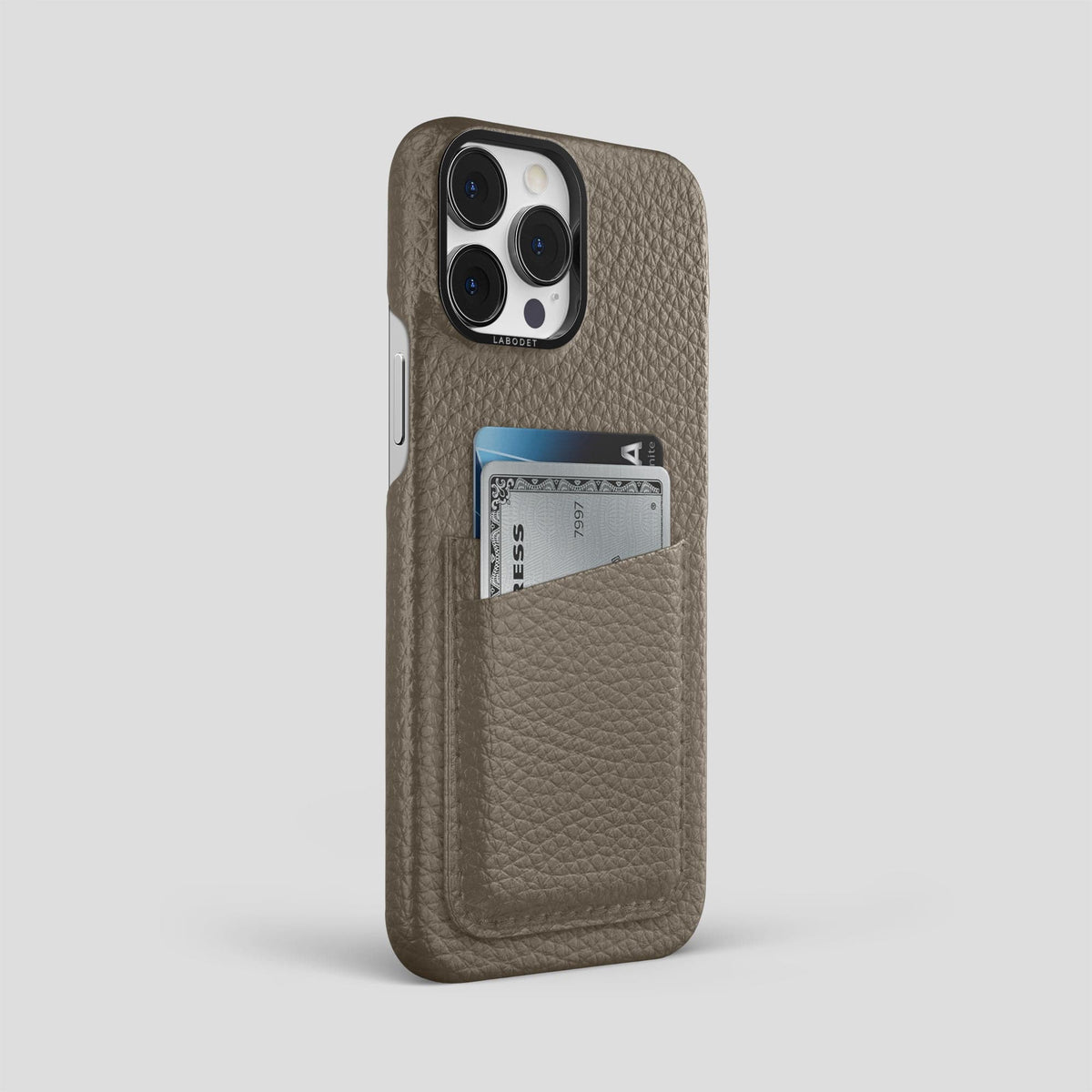 Taupe iPhone 15 Pro Max Card Case Calf with Black Metal -2 | Taupe-Black