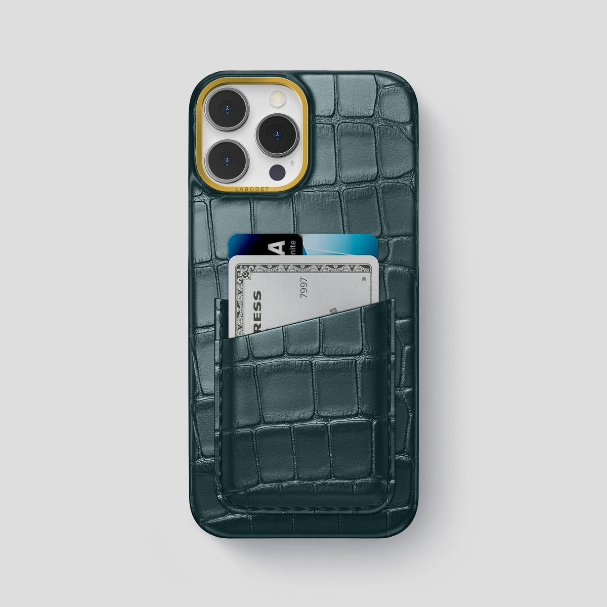 Metallic-Blue iPhone 15 Pro Max Card Case Alligator with Gold Metal -1 | Metallic-Blue-Gold