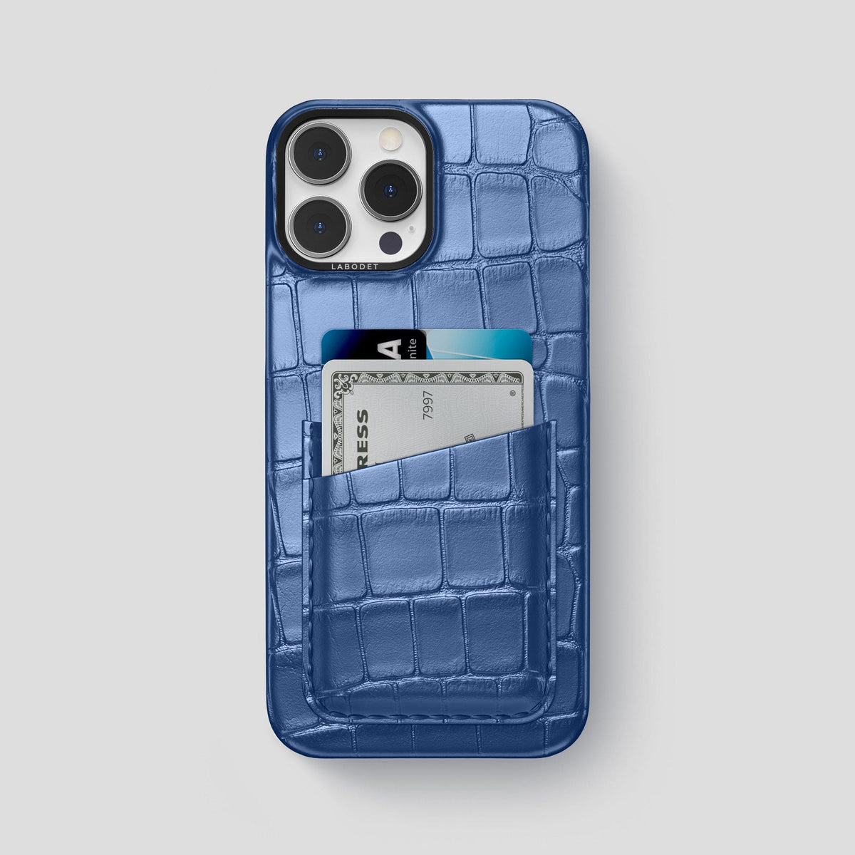 Pearlized-Blue iPhone 15 Pro Max Card Case Alligator with Black Metal -1 | Pearlized-Blue-Black