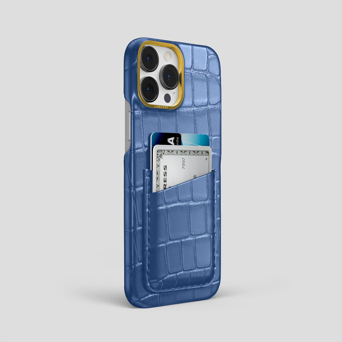 Pearlized-Blue iPhone 15 Pro Max Card Case Alligator with Gold Metal -2 | Pearlized-Blue-Gold