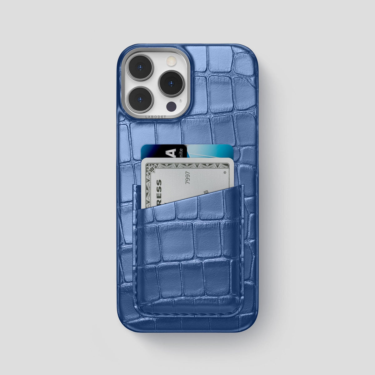 Pearlized-Blue iPhone 15 Pro Max Card Case Alligator with Steel Metal -1 | Pearlized-Blue-Steel