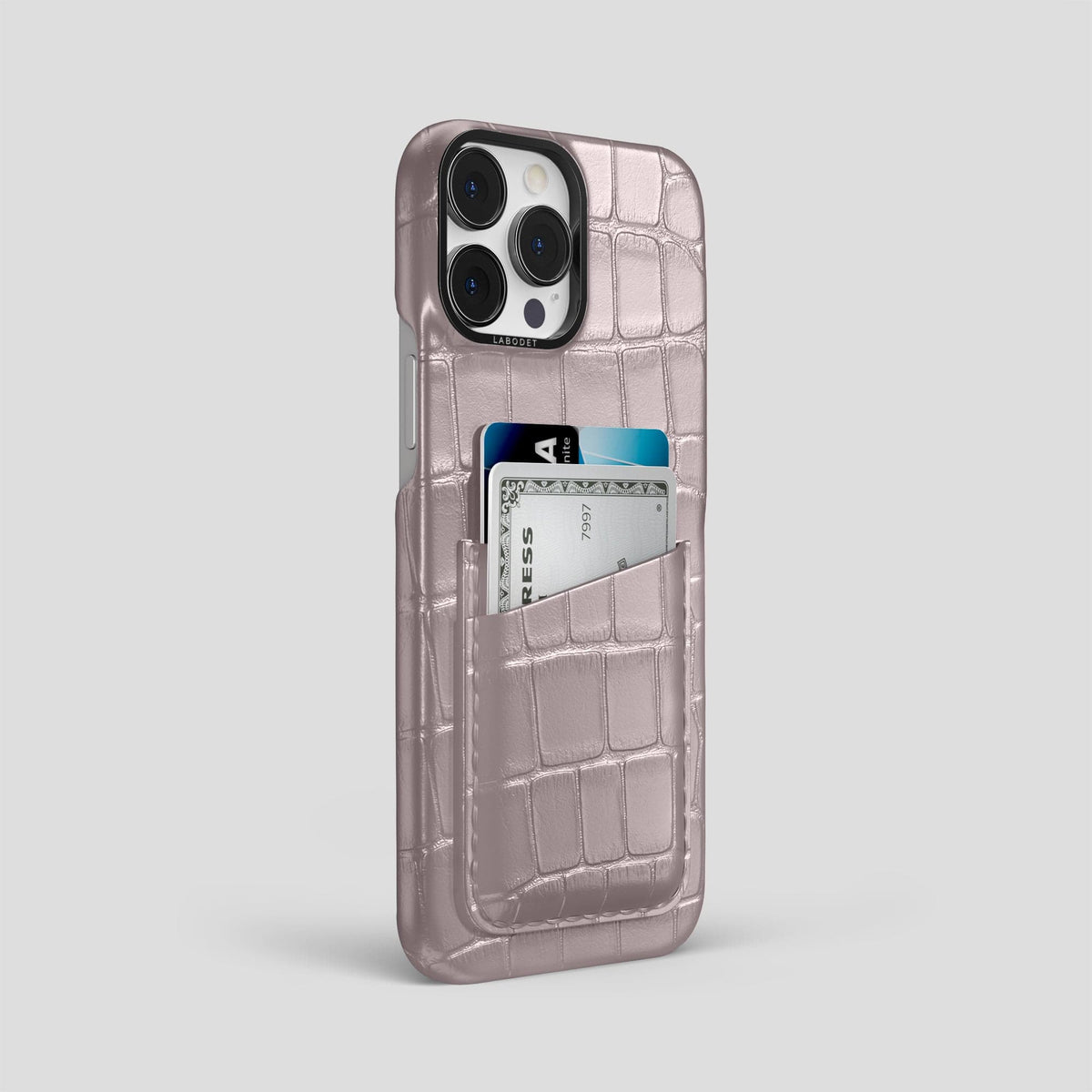 Pearlized-Pink iPhone 15 Pro Max Card Case Alligator with Black Metal -2 | Pearlized-Pink-Black