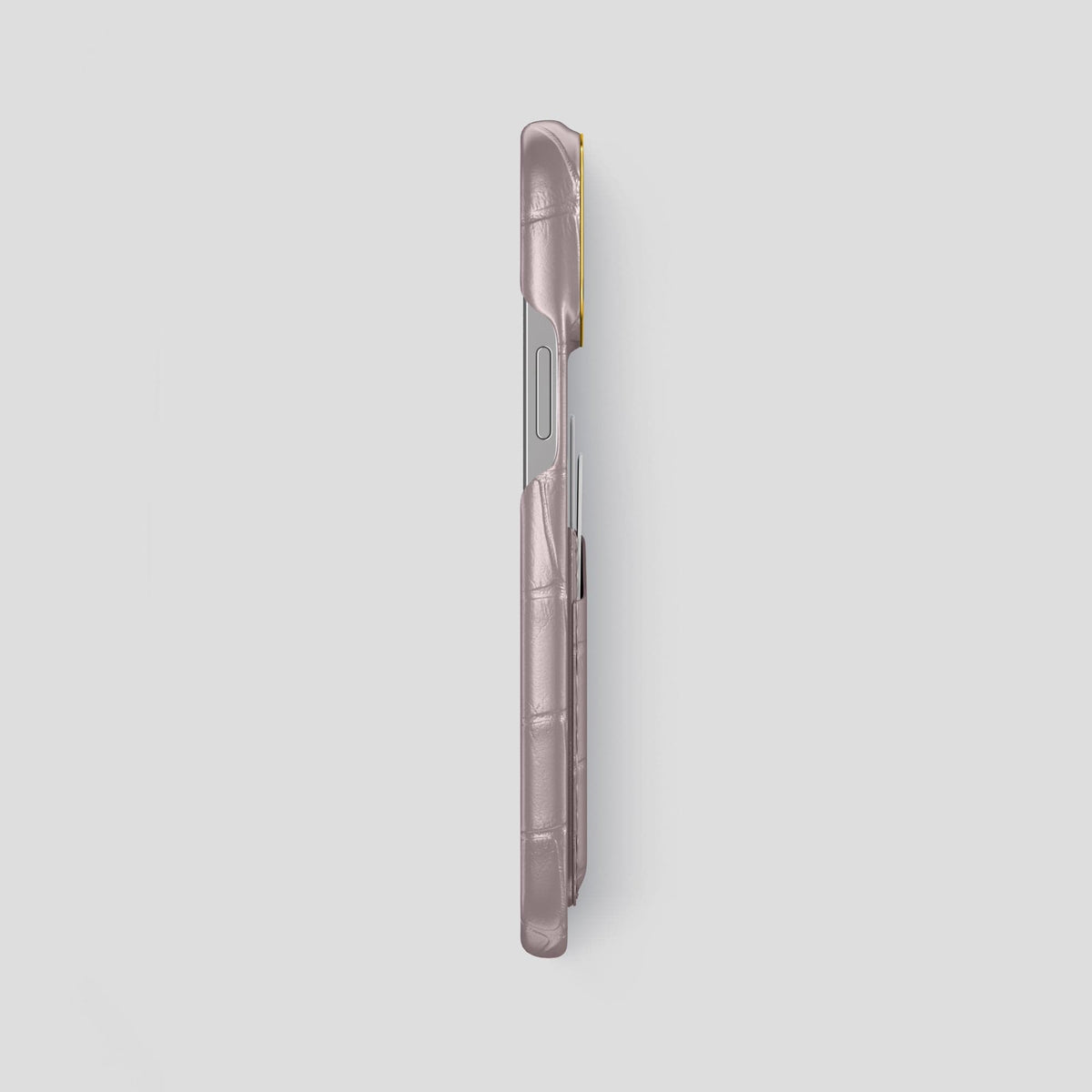Pearlized-Pink iPhone 15 Pro Max Card Case Alligator with Gold Metal -3 | Pearlized-Pink-Gold