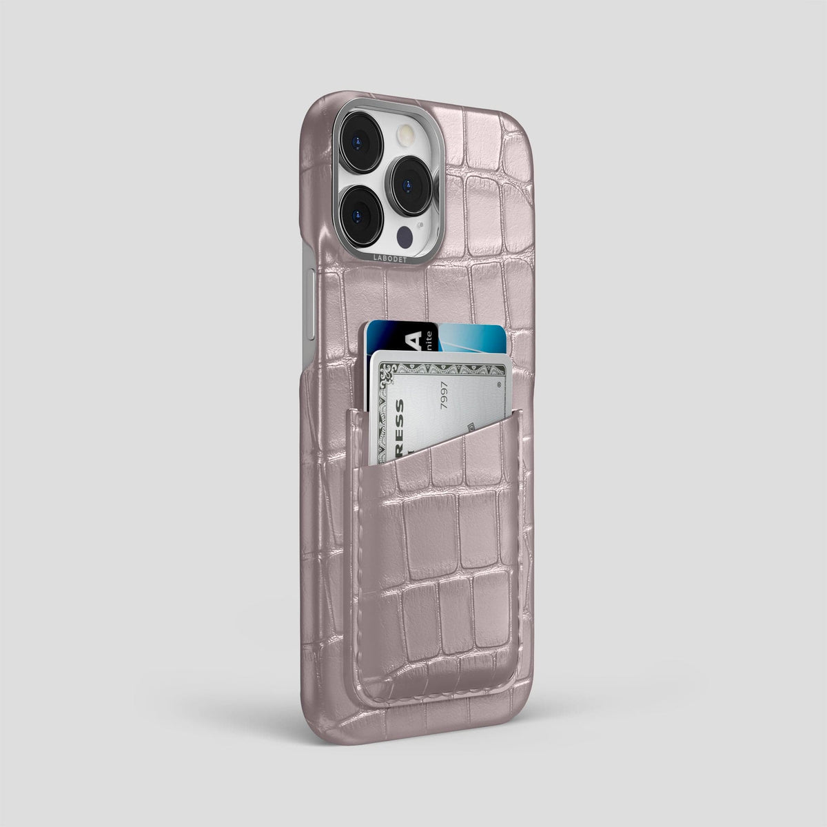 Pearlized-Pink iPhone 15 Pro Max Card Case Alligator with Steel Metal -2 | Pearlized-Pink-Steel