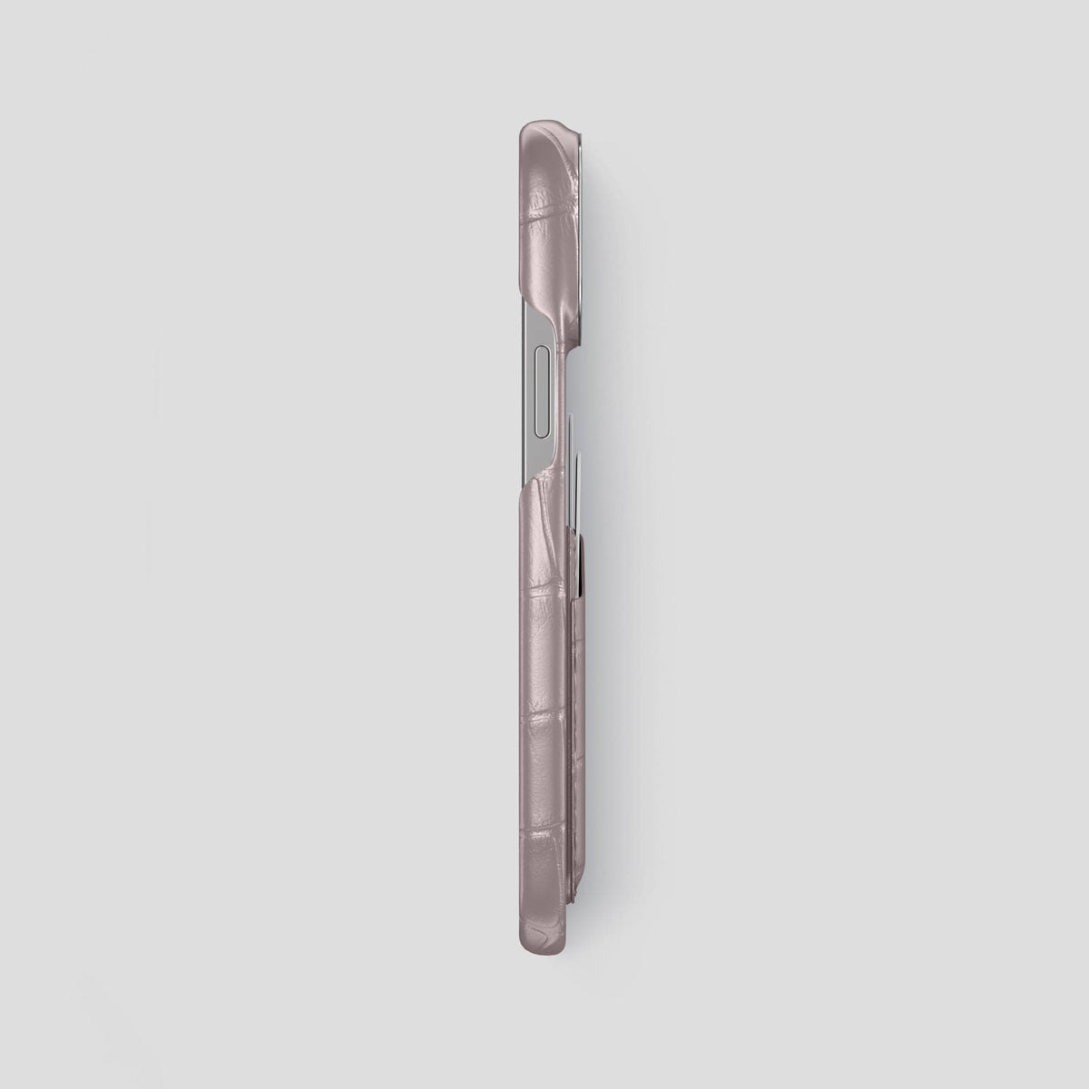 Pearlized-Pink iPhone 15 Pro Max Card Case Alligator with Steel Metal -3 | Pearlized-Pink-Steel