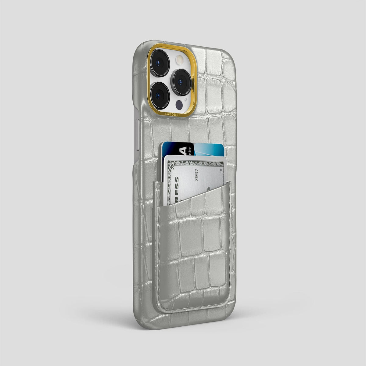 Pearlized-White iPhone 15 Pro Max Card Case Alligator with Gold Metal -2 | Pearlized-White-Gold