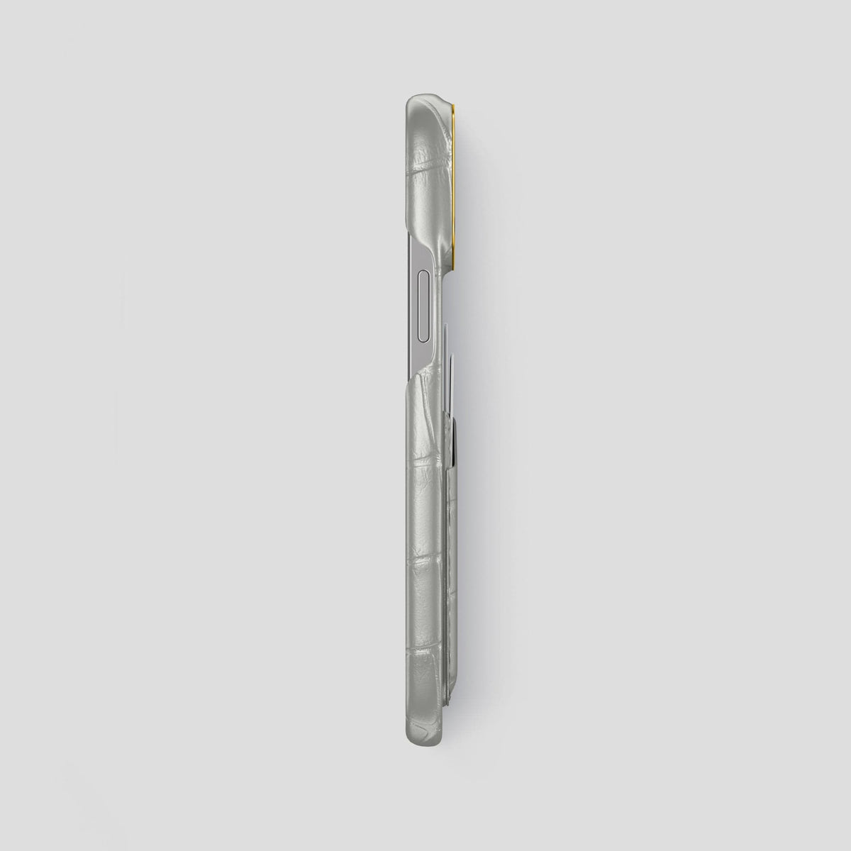 Pearlized-White iPhone 15 Pro Max Card Case Alligator with Gold Metal -3 | Pearlized-White-Gold