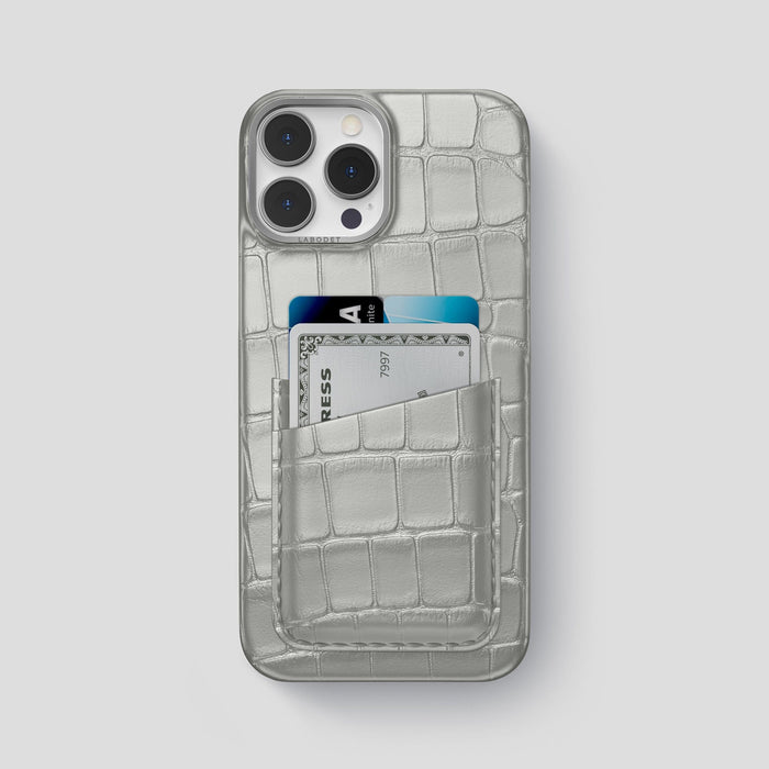 Pearlized-White iPhone 15 Pro Max Card Case Alligator with Steel Metal -1 | Pearlized-White-Steel