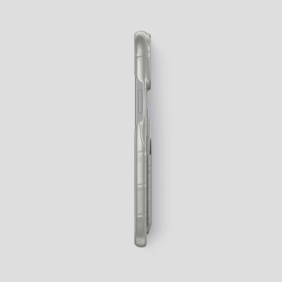 Pearlized-White iPhone 15 Pro Max Card Case Alligator with Steel Metal -3 | Pearlized-White-Steel