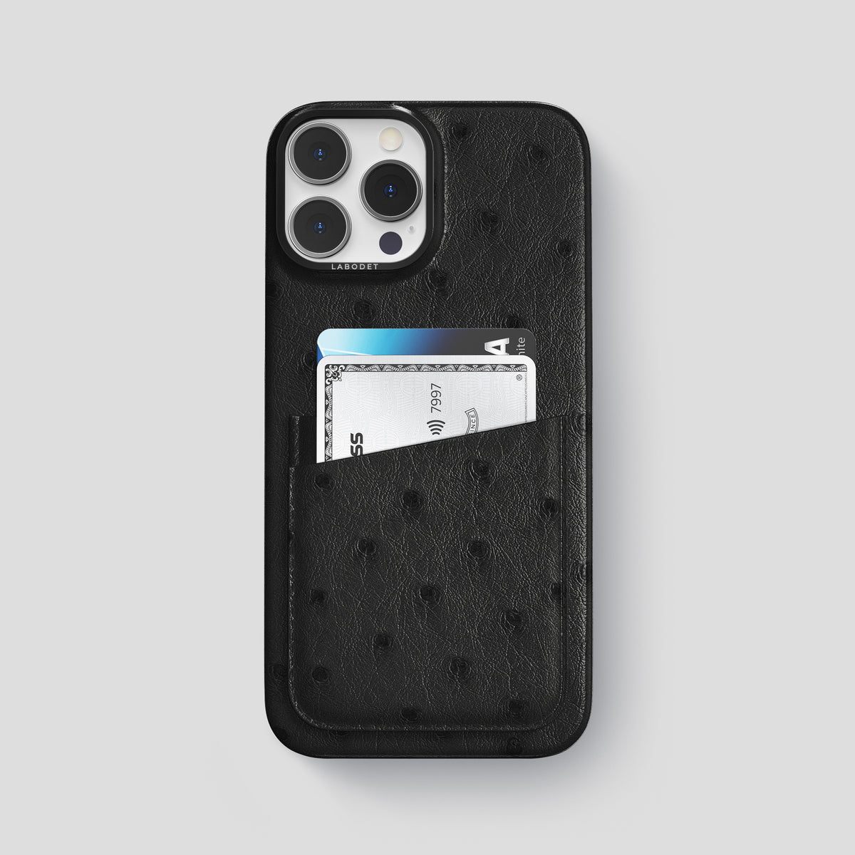 Black iPhone 15 Pro Max Card Case Ostrich with Black Metal -1 | Black-Black