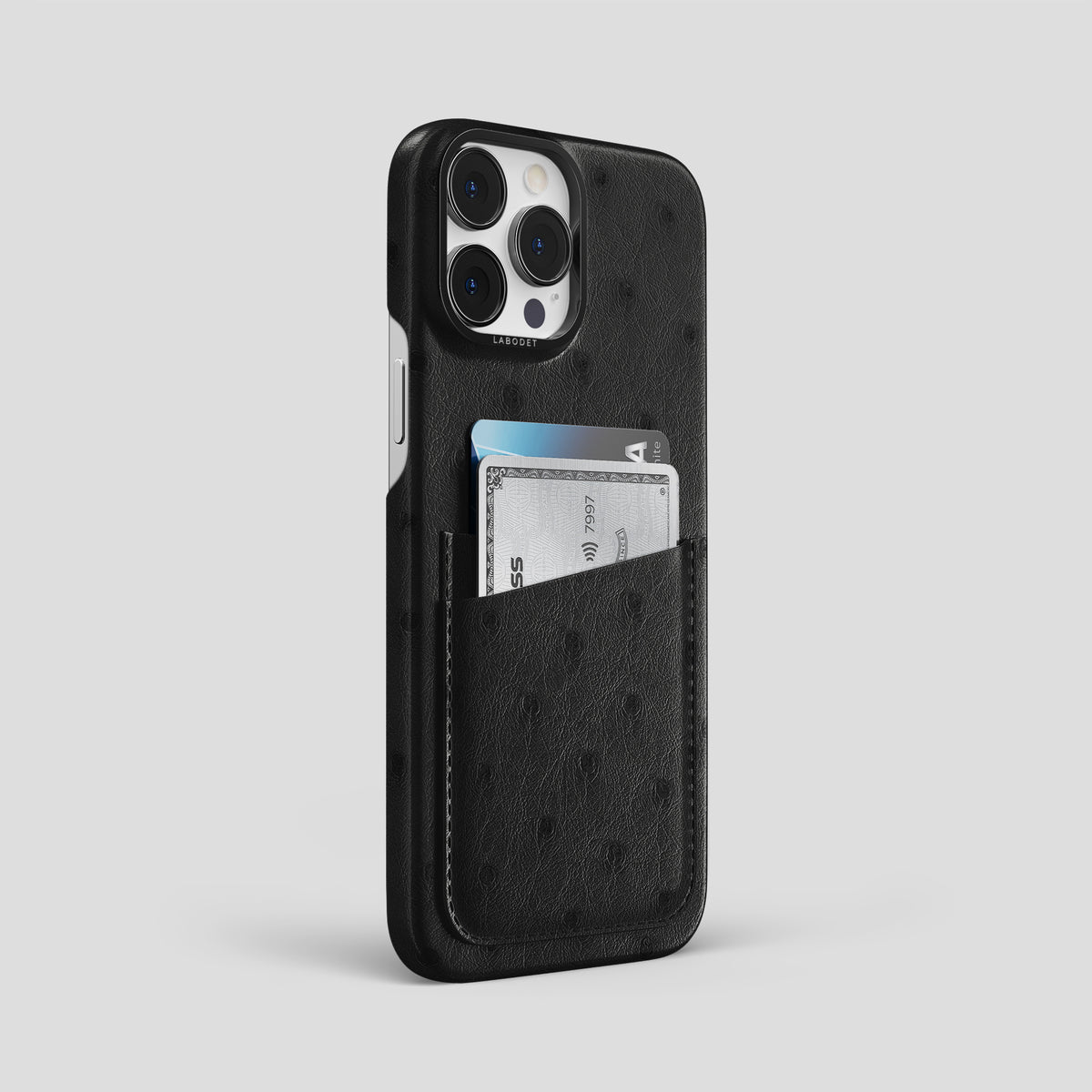 Black iPhone 15 Pro Max Card Case Ostrich with Black Metal -2 | Black-Black