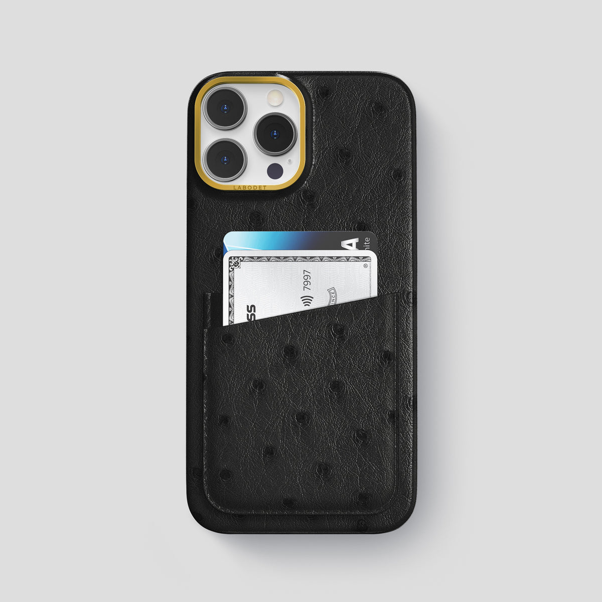 Black iPhone 15 Pro Max Card Case Ostrich with Gold Metal -1 | Black-Gold