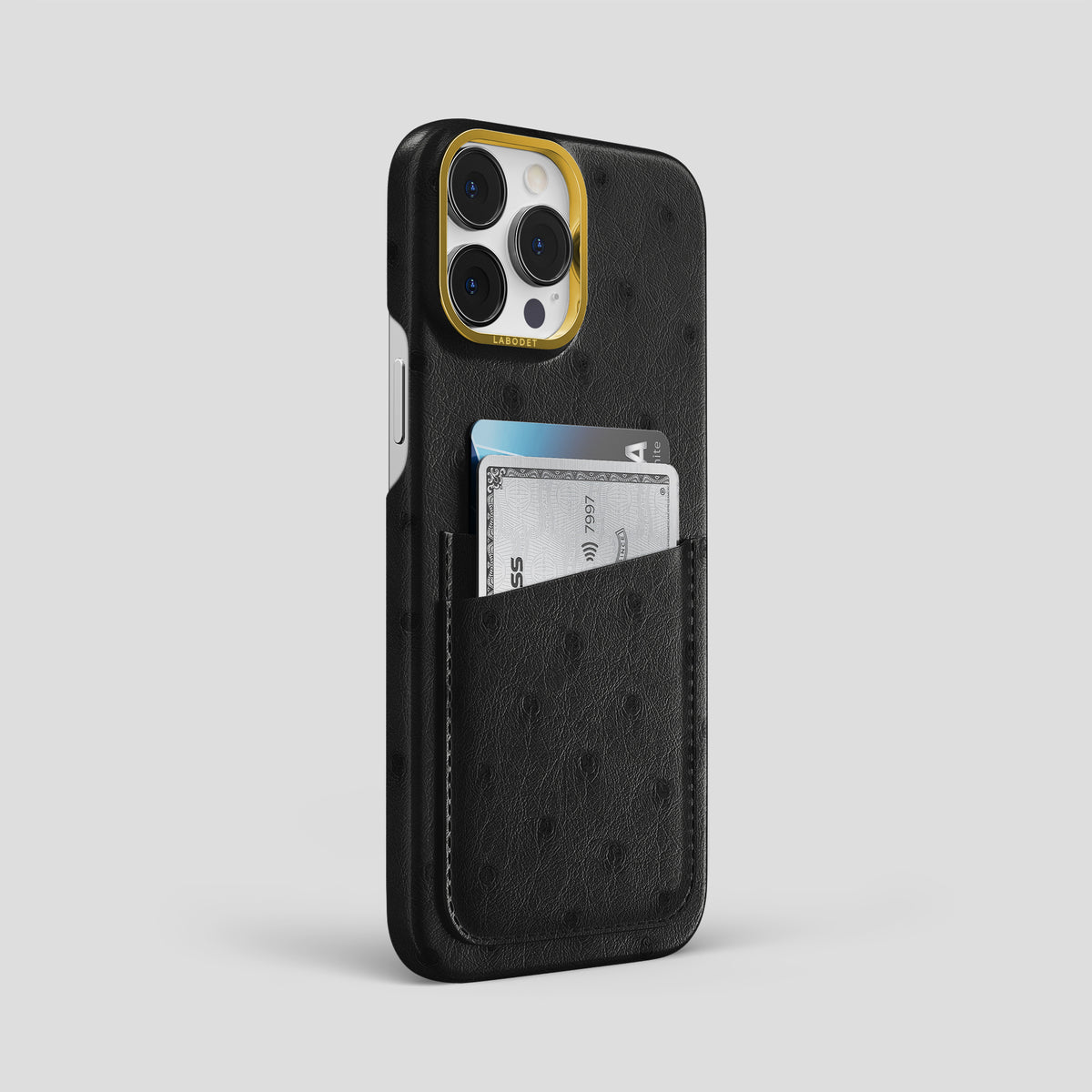 Black iPhone 15 Pro Max Card Case Ostrich with Gold Metal -2 | Black-Gold