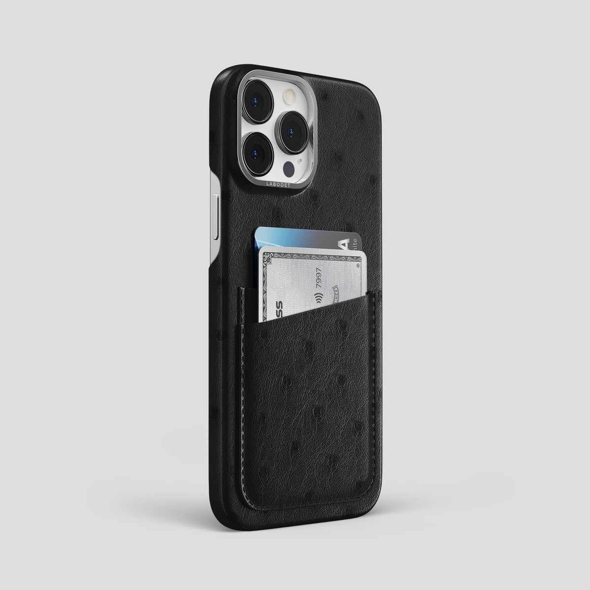 Black iPhone 15 Pro Max Card Case Ostrich with Steel Metal -2 | Black-Steel