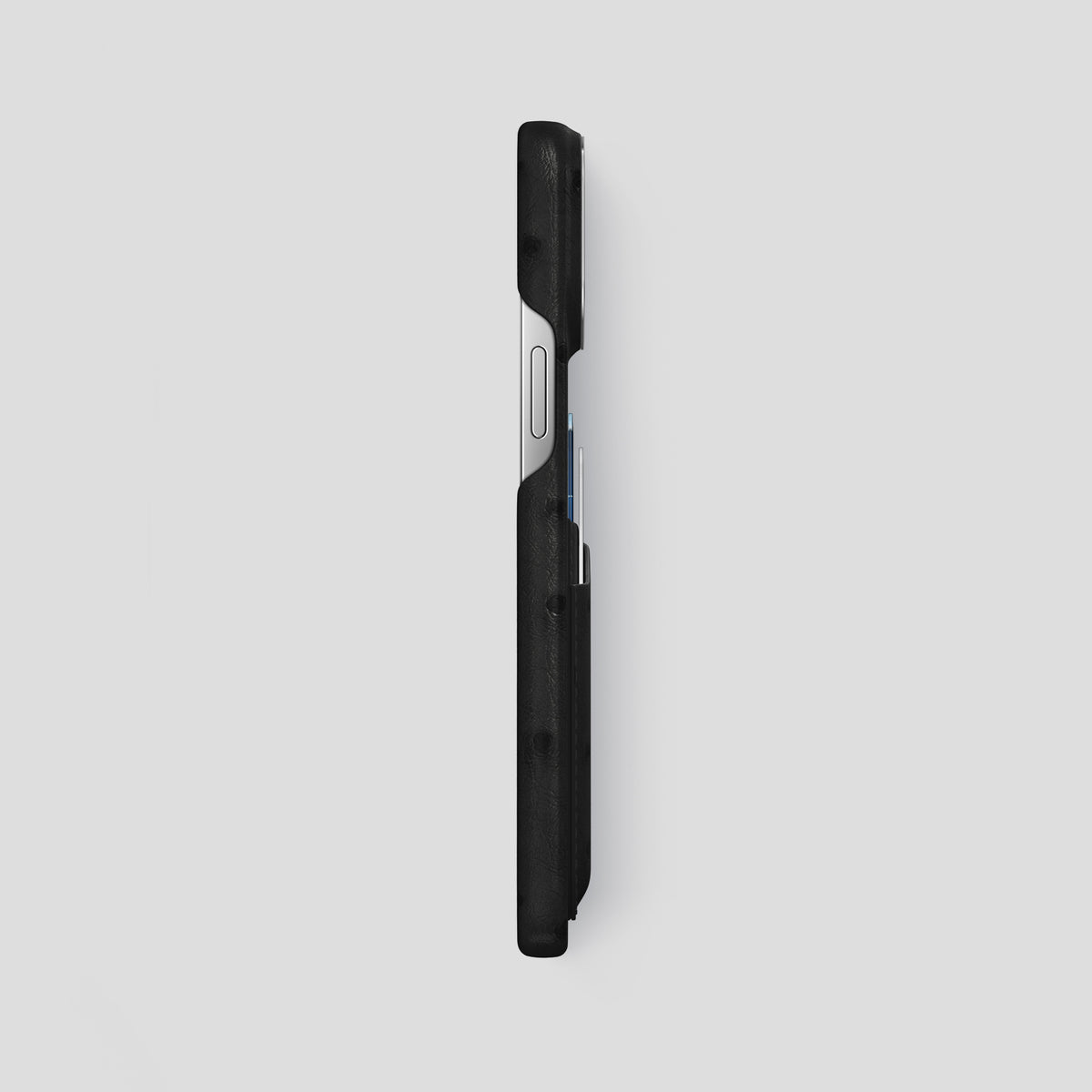 Black iPhone 15 Pro Max Card Case Ostrich with Steel Metal -3 | Black-Steel