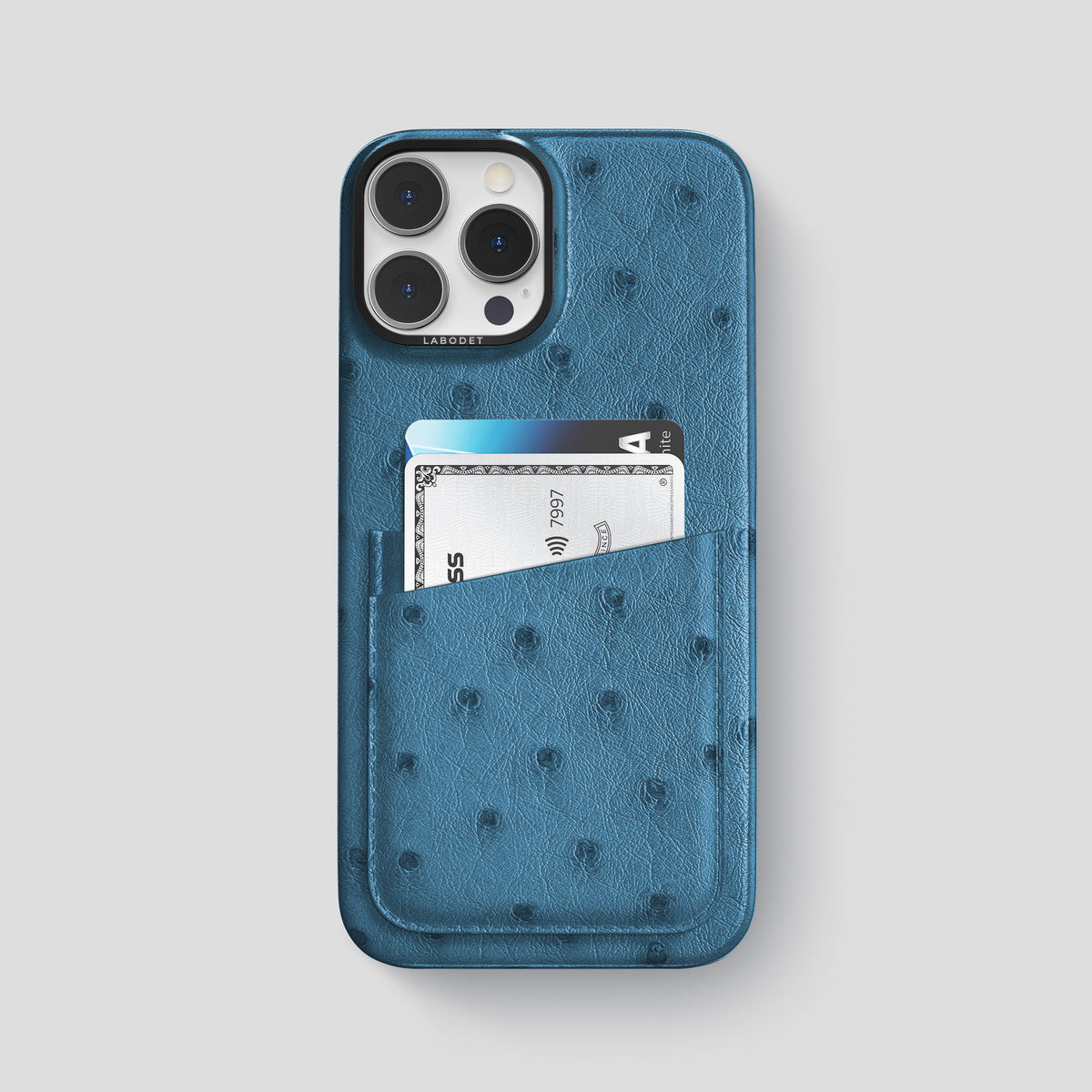 Blue-Jeans iPhone 15 Pro Max Card Case Ostrich with Black Metal -1 | Blue-Jeans-Black