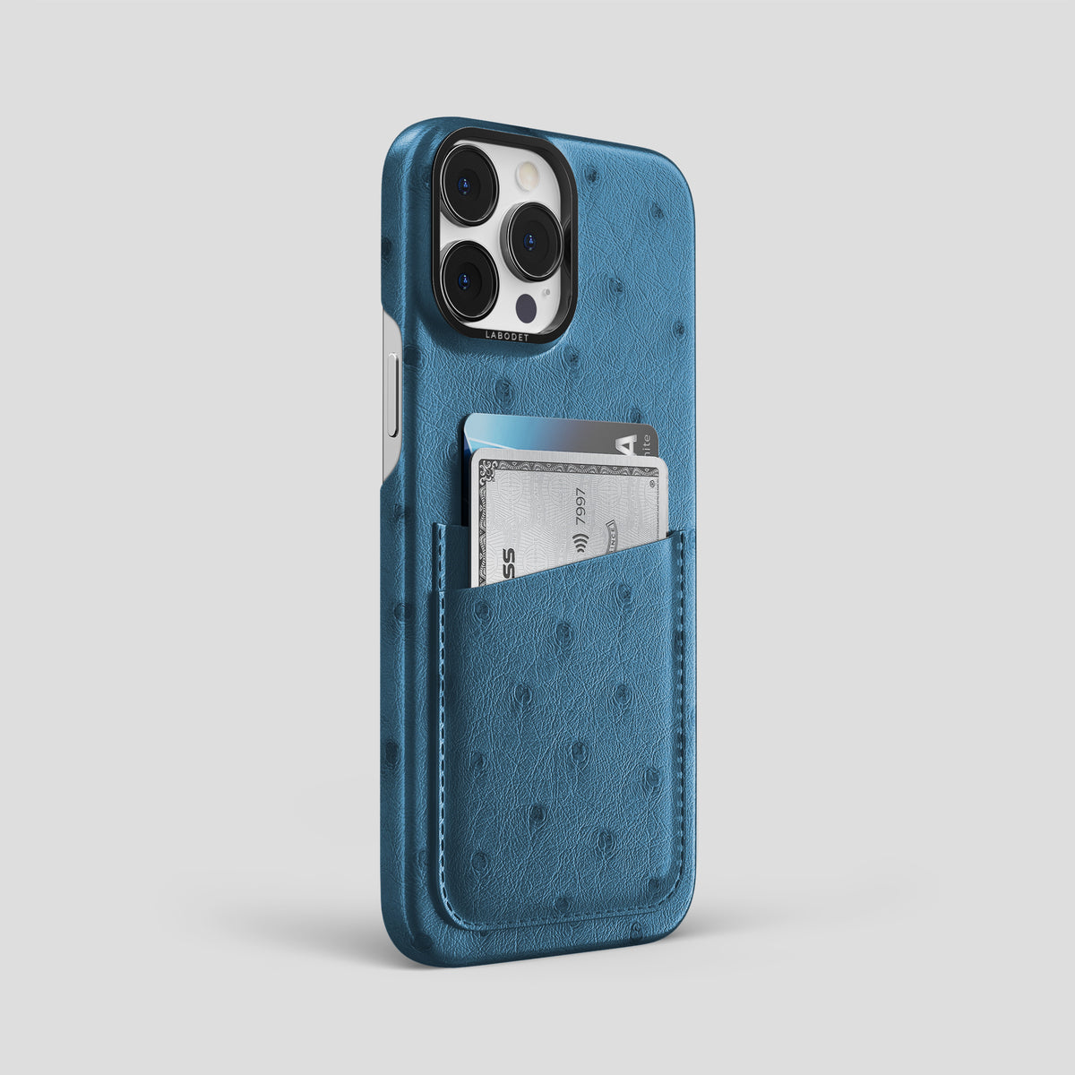 Blue-Jeans iPhone 15 Pro Max Card Case Ostrich with Black Metal -2 | Blue-Jeans-Black