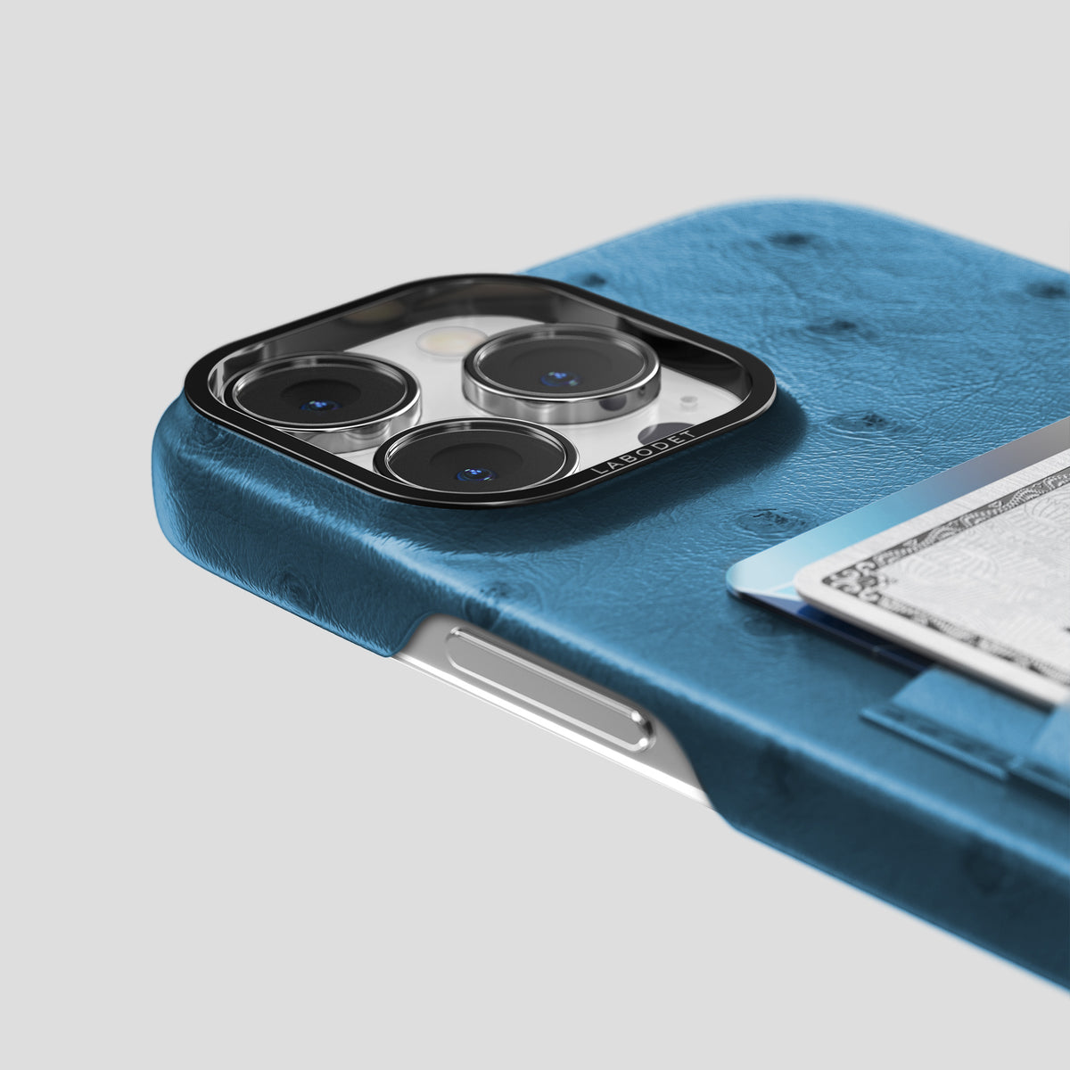 Blue-Jeans iPhone 15 Pro Max Card Case Ostrich with Black Metal -5 | Blue-Jeans-Black