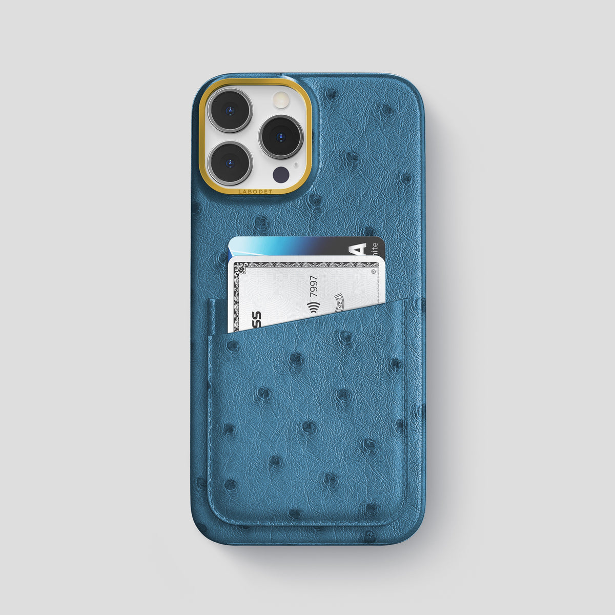 Blue-Jeans iPhone 15 Pro Max Card Case Ostrich with Gold Metal -1 | Blue-Jeans-Gold