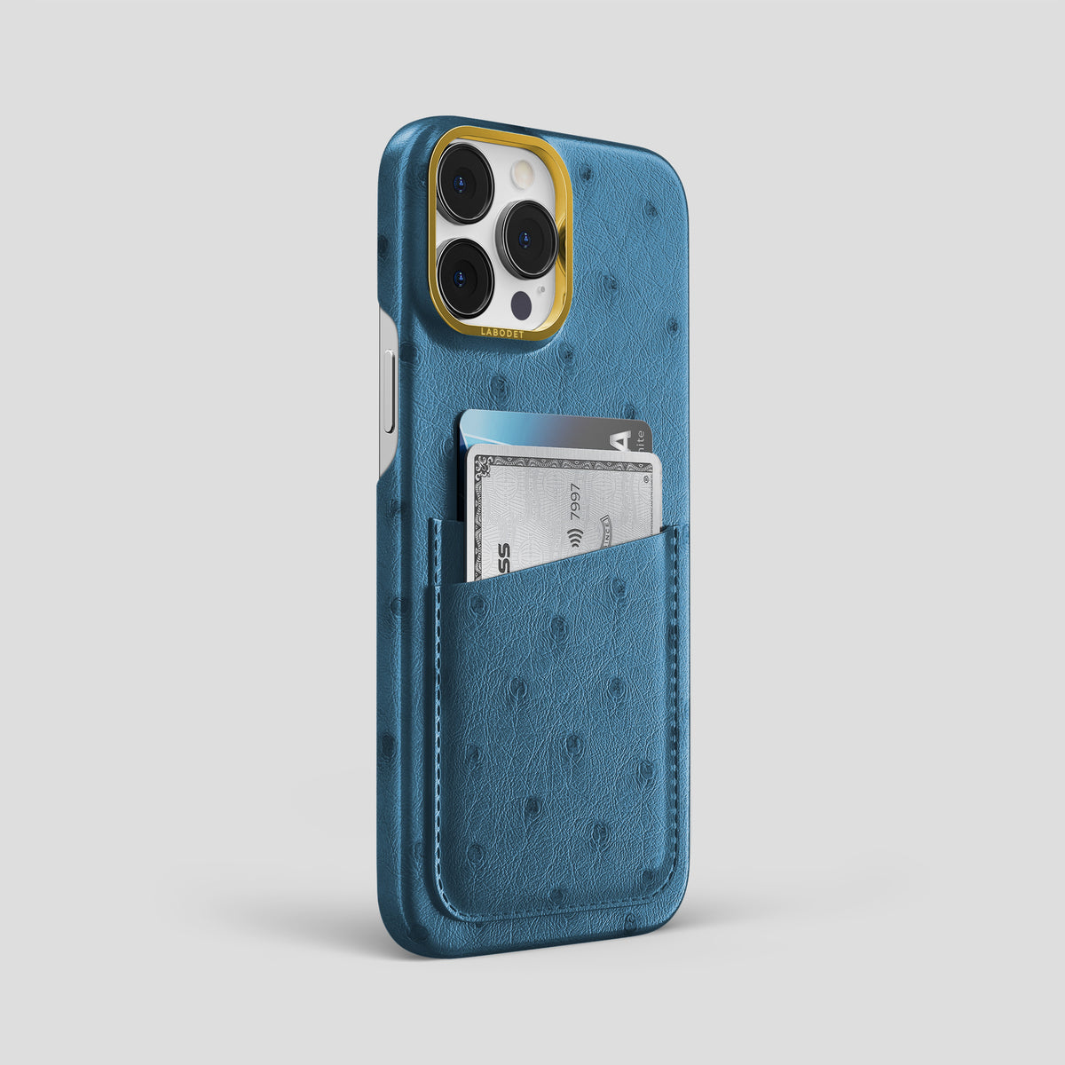 Blue-Jeans iPhone 15 Pro Max Card Case Ostrich with Gold Metal -2 | Blue-Jeans-Gold