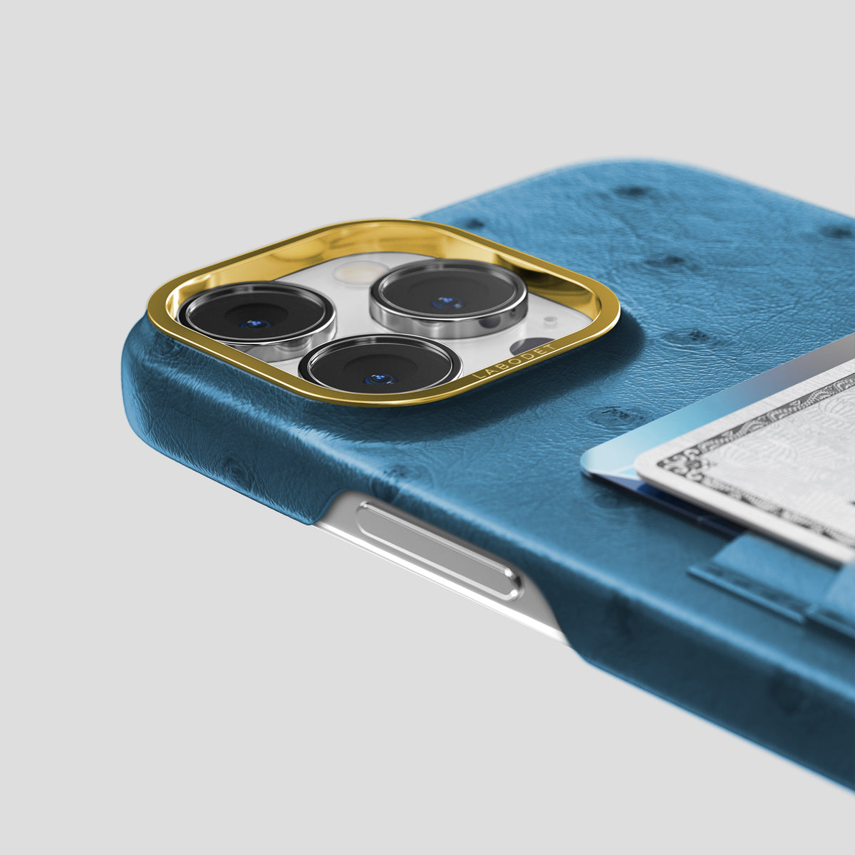 Blue-Jeans iPhone 15 Pro Max Card Case Ostrich with Gold Metal -5 | Blue-Jeans-Gold