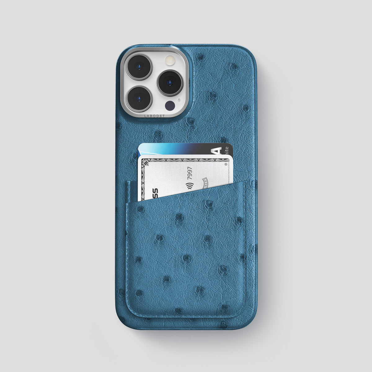 Blue-Jeans iPhone 15 Pro Max Card Case Ostrich with Steel Metal -1 | Blue-Jeans-Steel