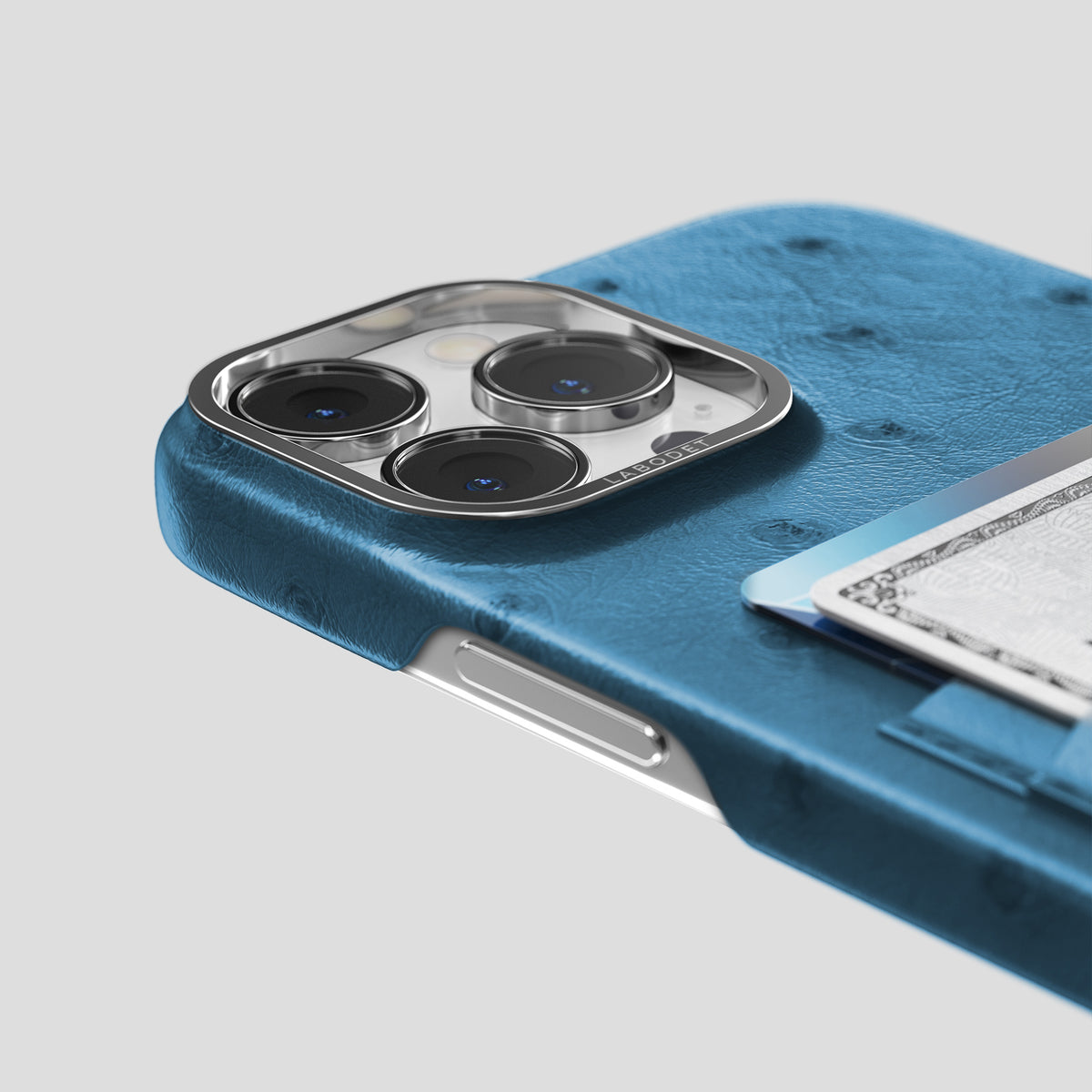 Blue-Jeans iPhone 15 Pro Max Card Case Ostrich with Steel Metal -5 | Blue-Jeans-Steel